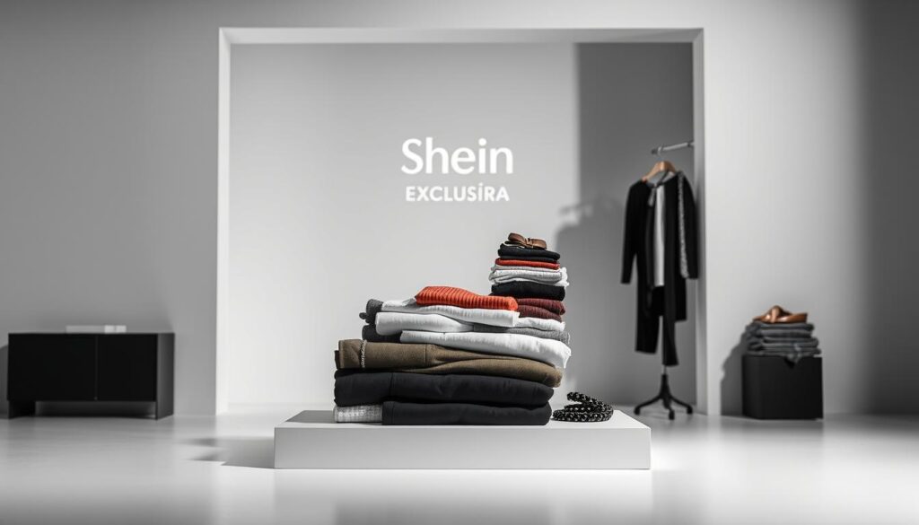 A high-contrast, visually striking image of an "oferta exclusiva Shein" product display. The foreground features a neatly arranged stack of fashionable clothing items, including a variety of tops, bottoms, and accessories in a range of colors and styles. The middle ground showcases a sleek, minimalist product podium or display stand, with clean lines and a premium, high-end aesthetic. The background is a softly blurred, monochromatic setting, perhaps a studio or showroom, allowing the featured products to take center stage. The lighting is dramatic, casting dramatic shadows and highlights to accentuate the textures and details of the clothing. The overall mood is one of exclusivity, luxury, and a sense of elevated style.