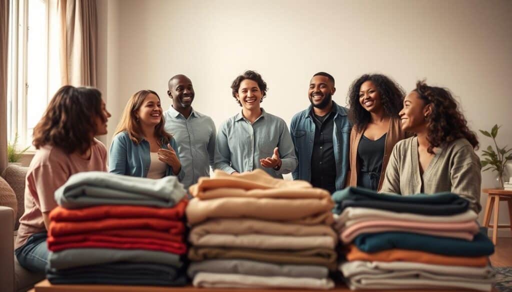 A vibrant, lifestyle-inspired scene showcasing personal testimonies from Shein customers who have received free clothing. In the foreground, a group of diverse individuals excitedly sharing their experiences, their expressions radiating joy and gratitude. The middle ground features neatly folded piles of stylish Shein apparel, complemented by a warm, natural lighting that accentuates the high-quality fabrics. The background depicts a cozy, minimalist living space, with clean lines and muted tones that create a sense of comfort and authenticity. Overall, the image conveys a genuine, relatable narrative of the Shein customer experience, inviting the viewer to imagine themselves as part of this positive, inclusive community.