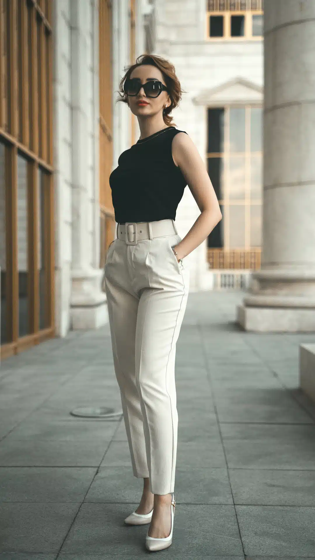 a woman in a black top and white pants