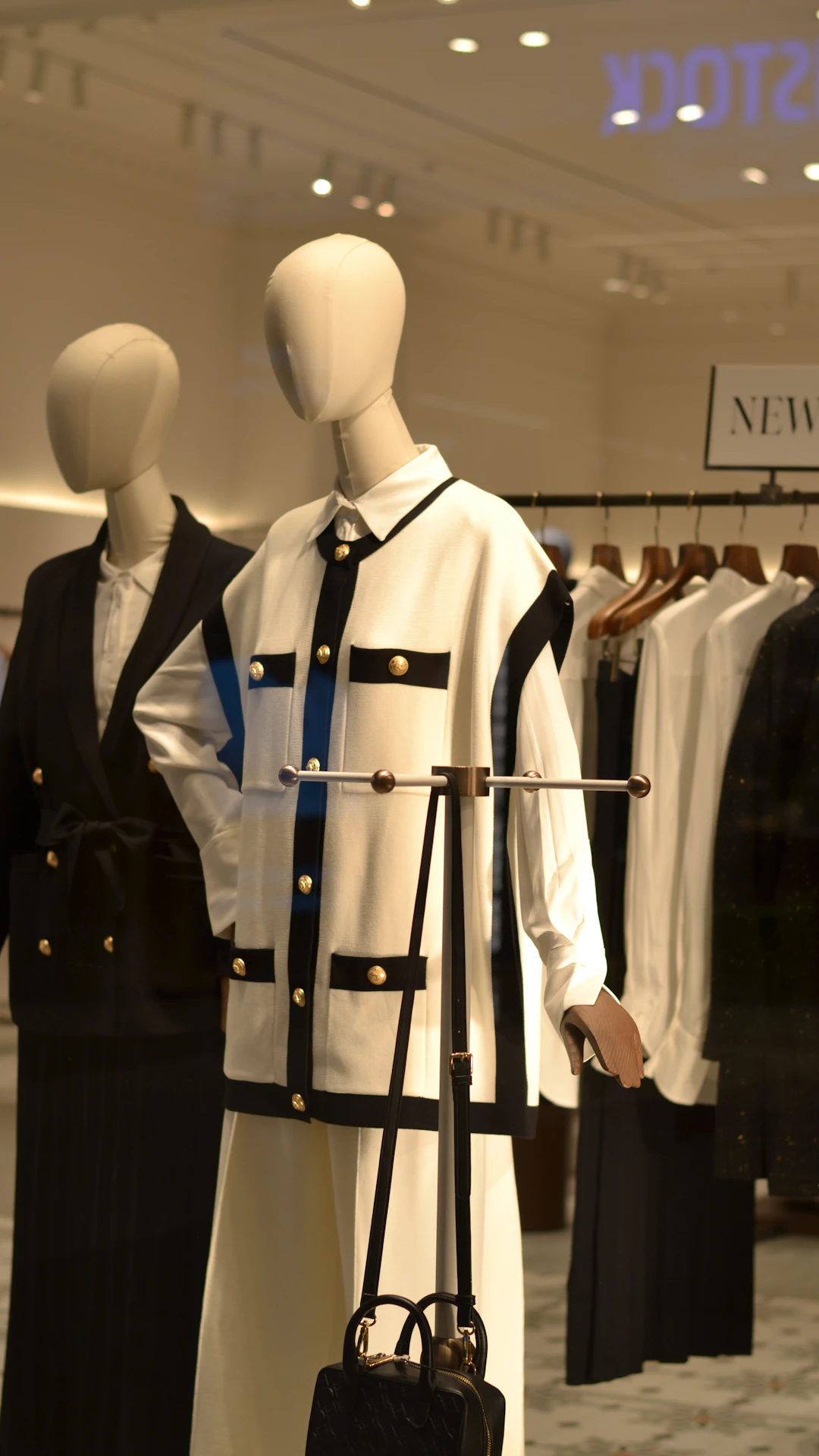 Mannequins dressed in black and white in a clothing store